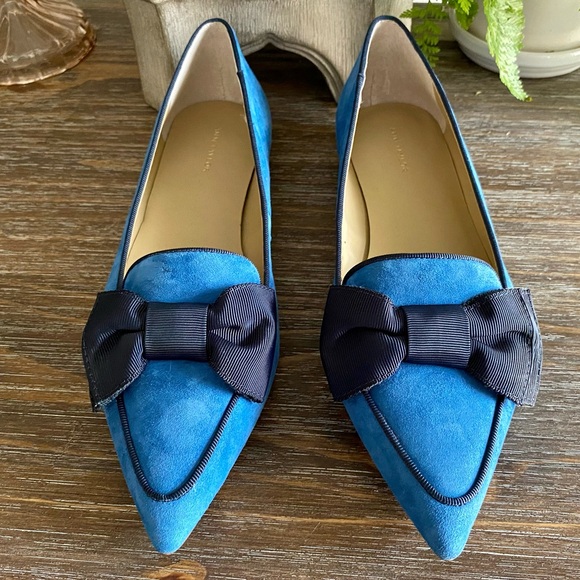 Ann Taylor Pretty Blue Suede Ziggy Bow Flats Slip On Shoes Leather Womens 9 - Picture 2 of 13